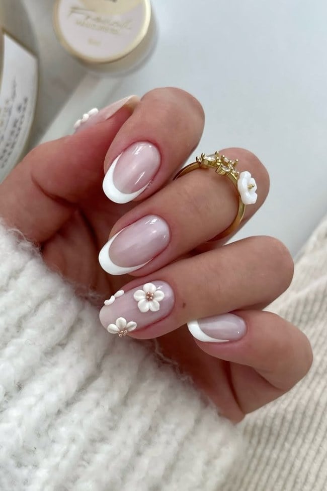 Short Oval Nude 3D Floral French Nails — Elegant Bridal Nails
