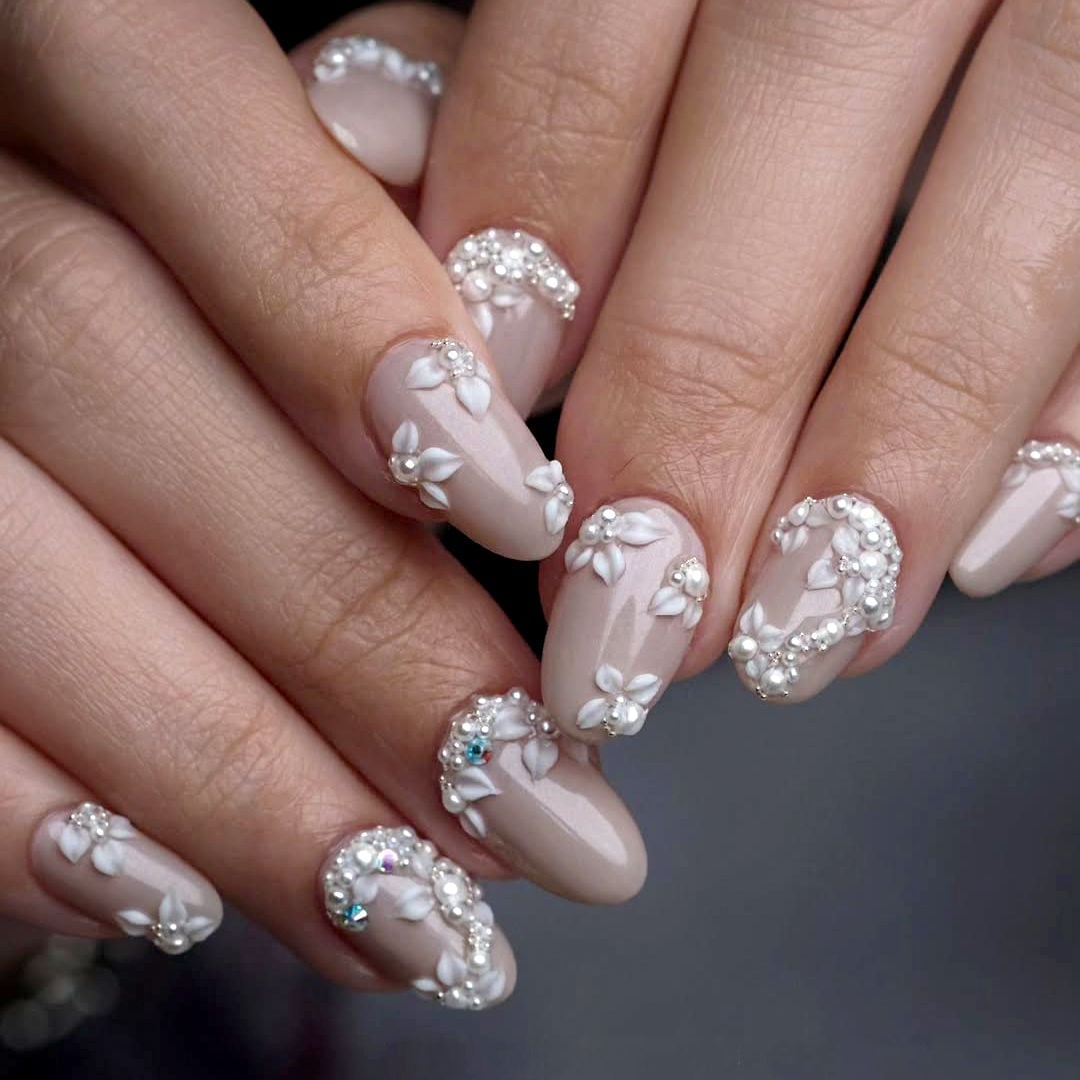 Beige Almond 3D Floral Pearl Rhinestone Nails — Elegant Bridal Nails