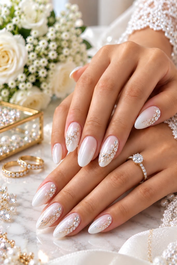 Pearlescent White Oval Pearl Crystal Floral Nails — Elegant Bridal Nails