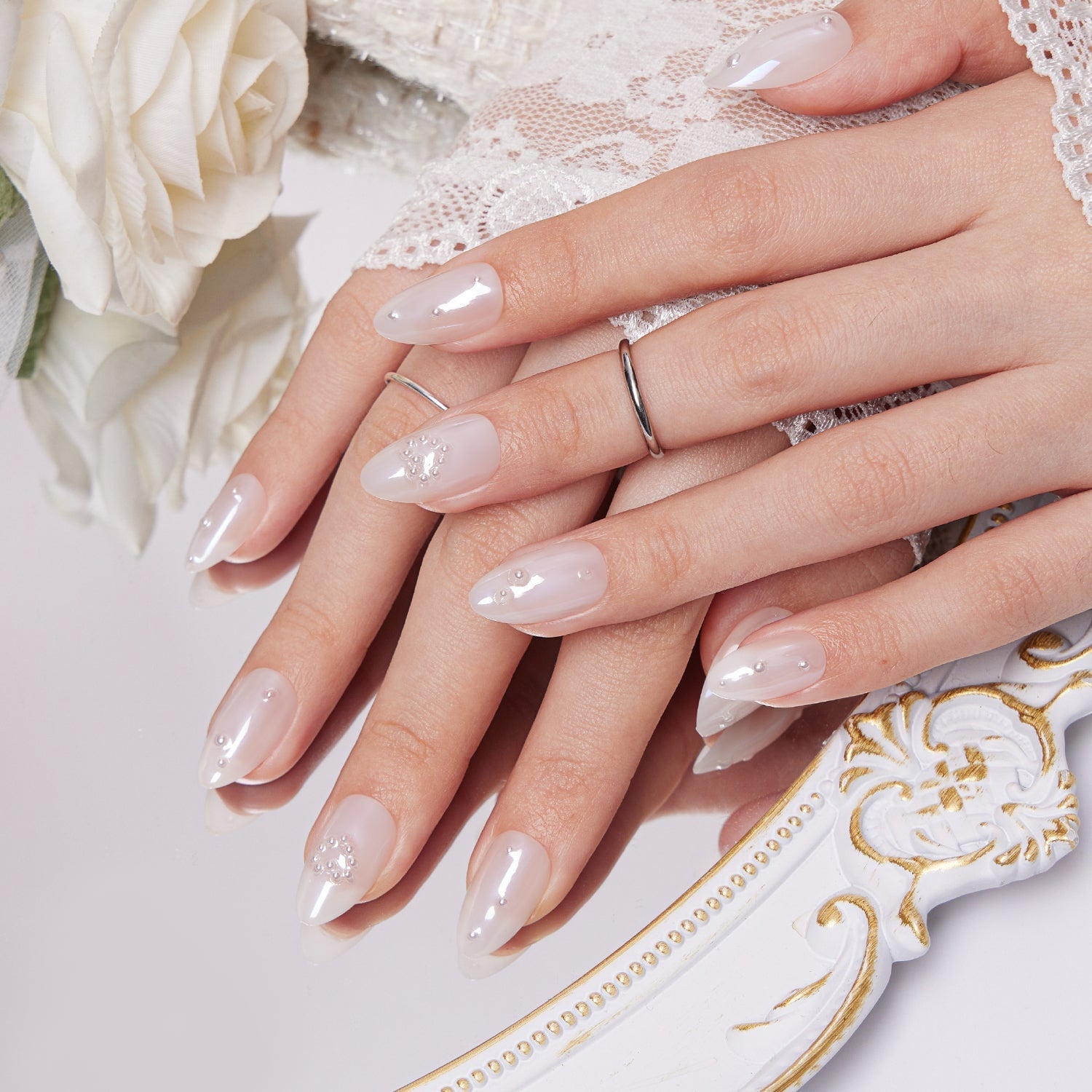 Milky White Pearlescent Almond Pearl Rhinestone Nails — Elegant Bridal Nails
