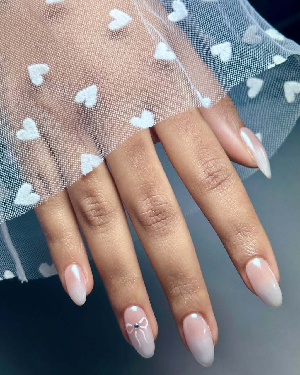 Milky Nude Oval Silver Line Pearl Bow Nails — Elegant Bridal Nails