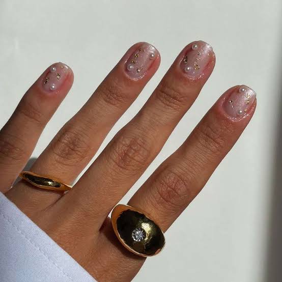 Short Almond Nude Pearl Gold Foil Nails — Elegant Bridal Nails