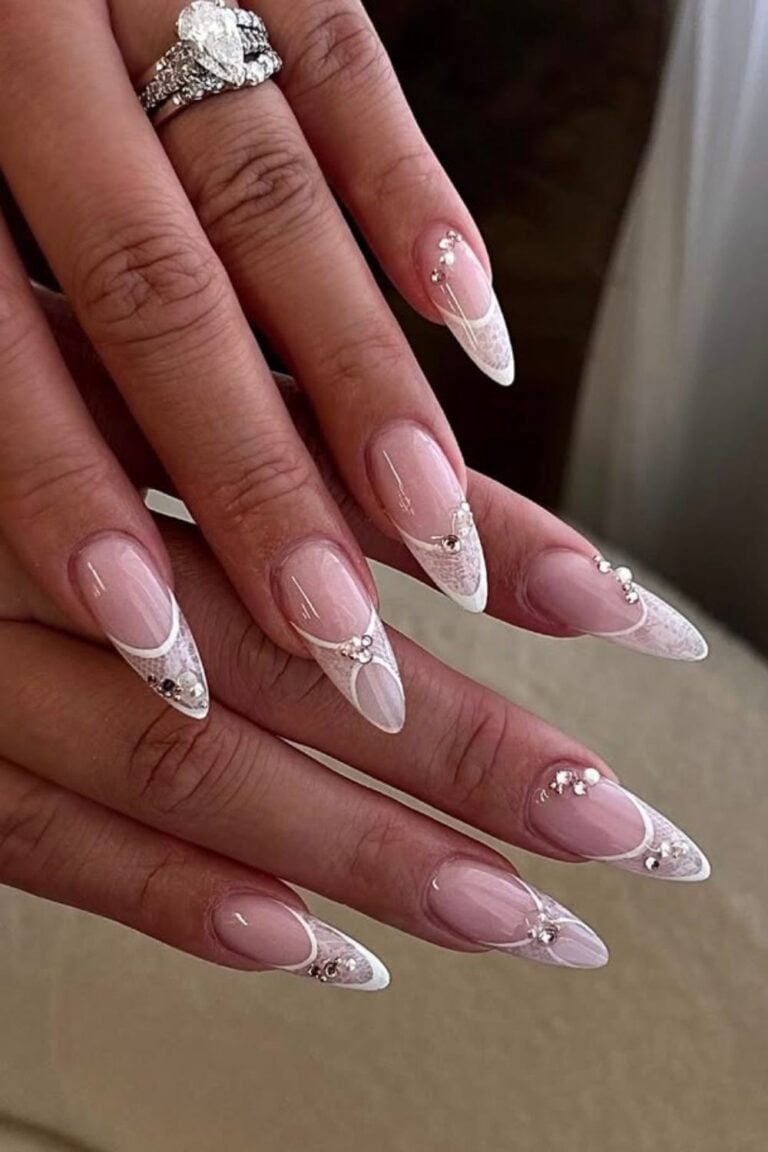 Peachy Nude Almond Rhinestone Pearl Swirl Nails — Elegant Bridal Nails