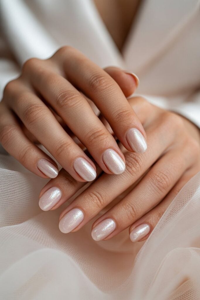 Nude Shimmer Almond Silver Glitter French Pearl Nails — Elegant Bridal Nails
