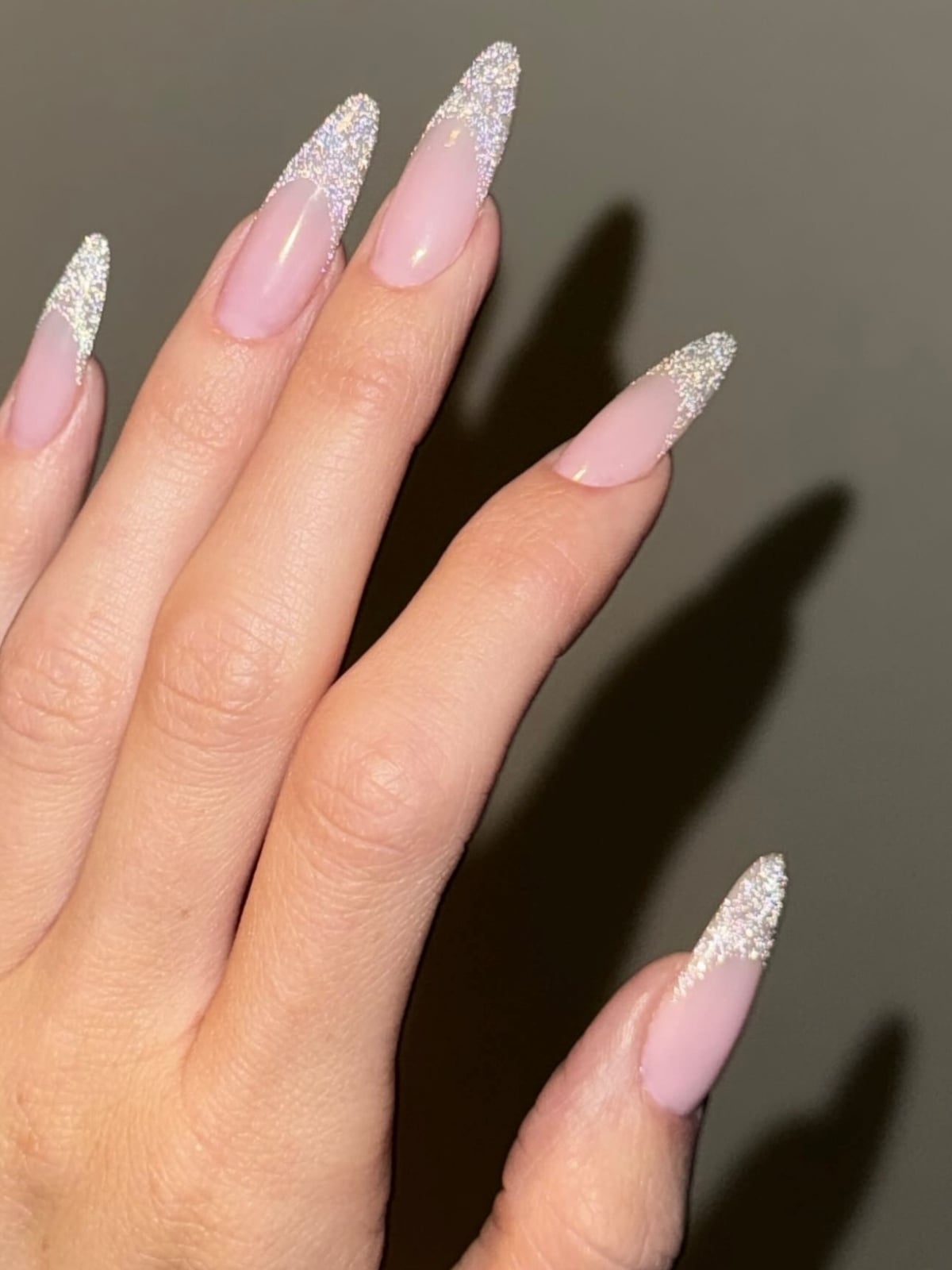 Pale Pink Silver Glitter French Glossy Nails — Elegant Bridal Nails