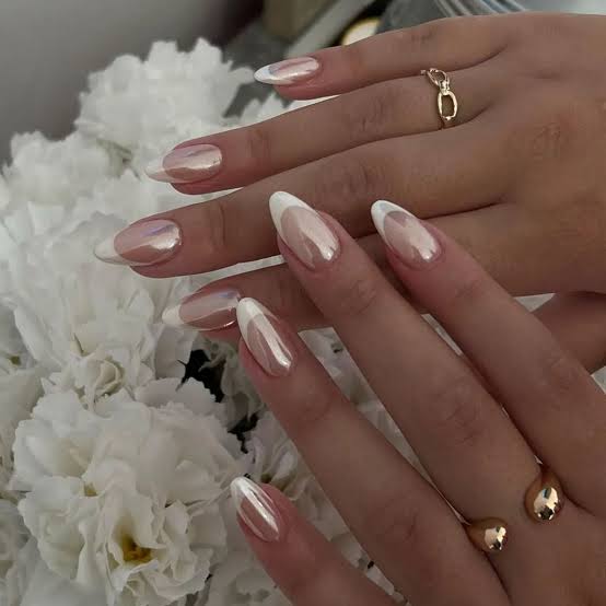 Nude Chrome French Almond Nails — Elegant Bridal Nails