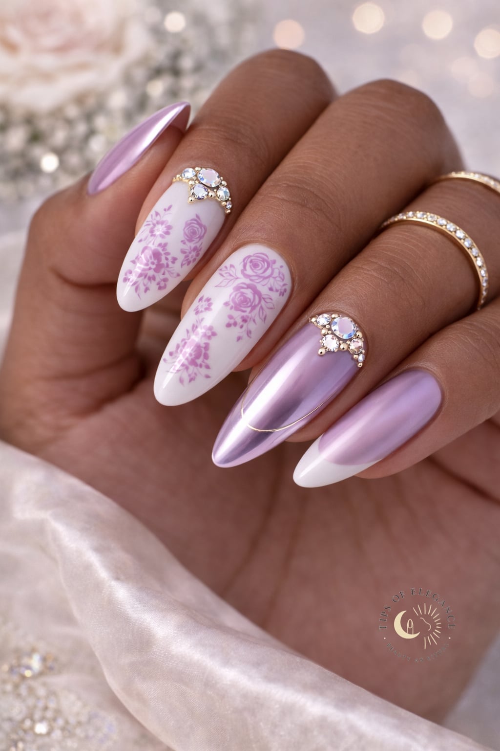 White Lilac Floral Metallic Almond Nails — Elegant Bridal Nails