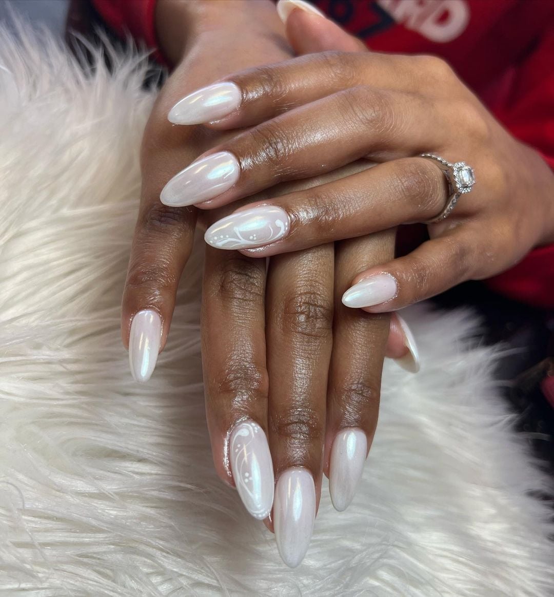 Milky White Pearlescent Swirl Almond Nails — Elegant Bridal Nails