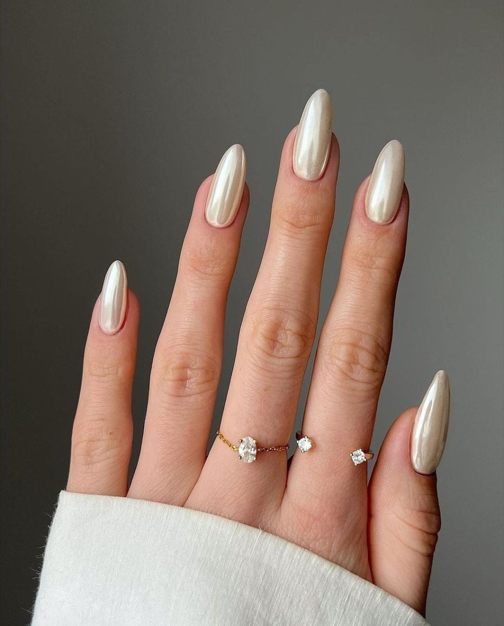 Long Almond Creamy Pearlescent Nails — Elegant Bridal Nails