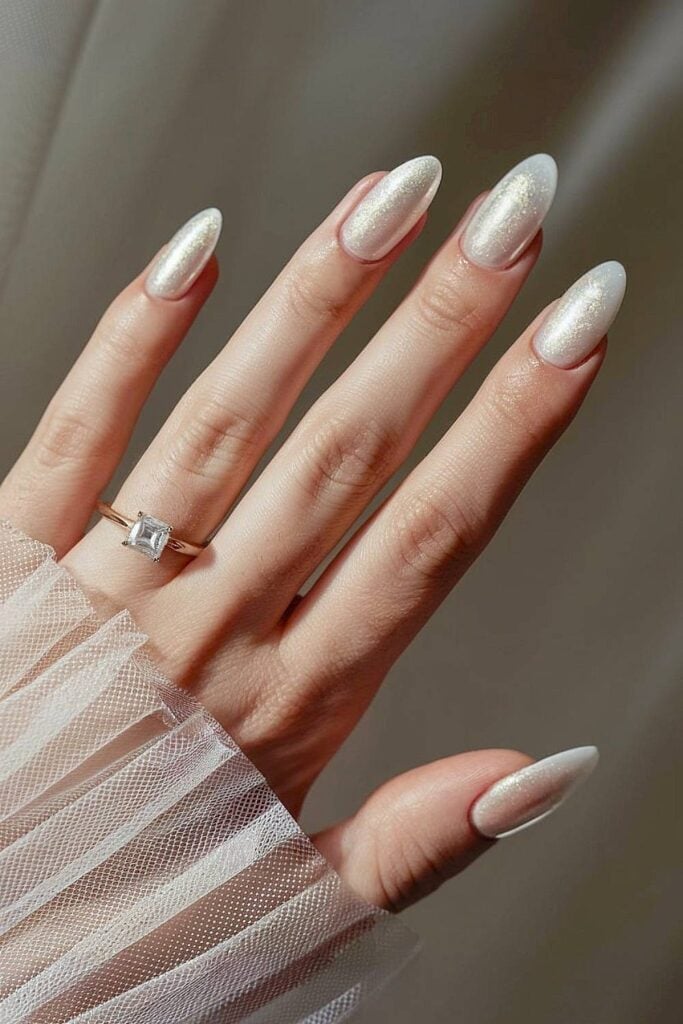 Shimmering White Golden Undertone Almond Nails — Elegant Bridal Nails
