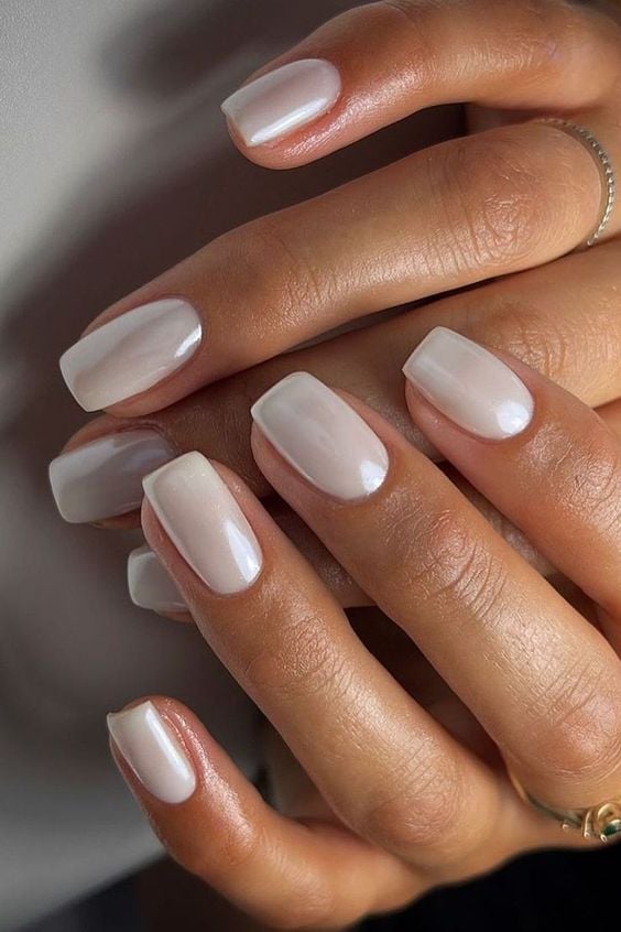 Short Soft Square Milky Pearlescent Nails — Elegant Bridal Nails