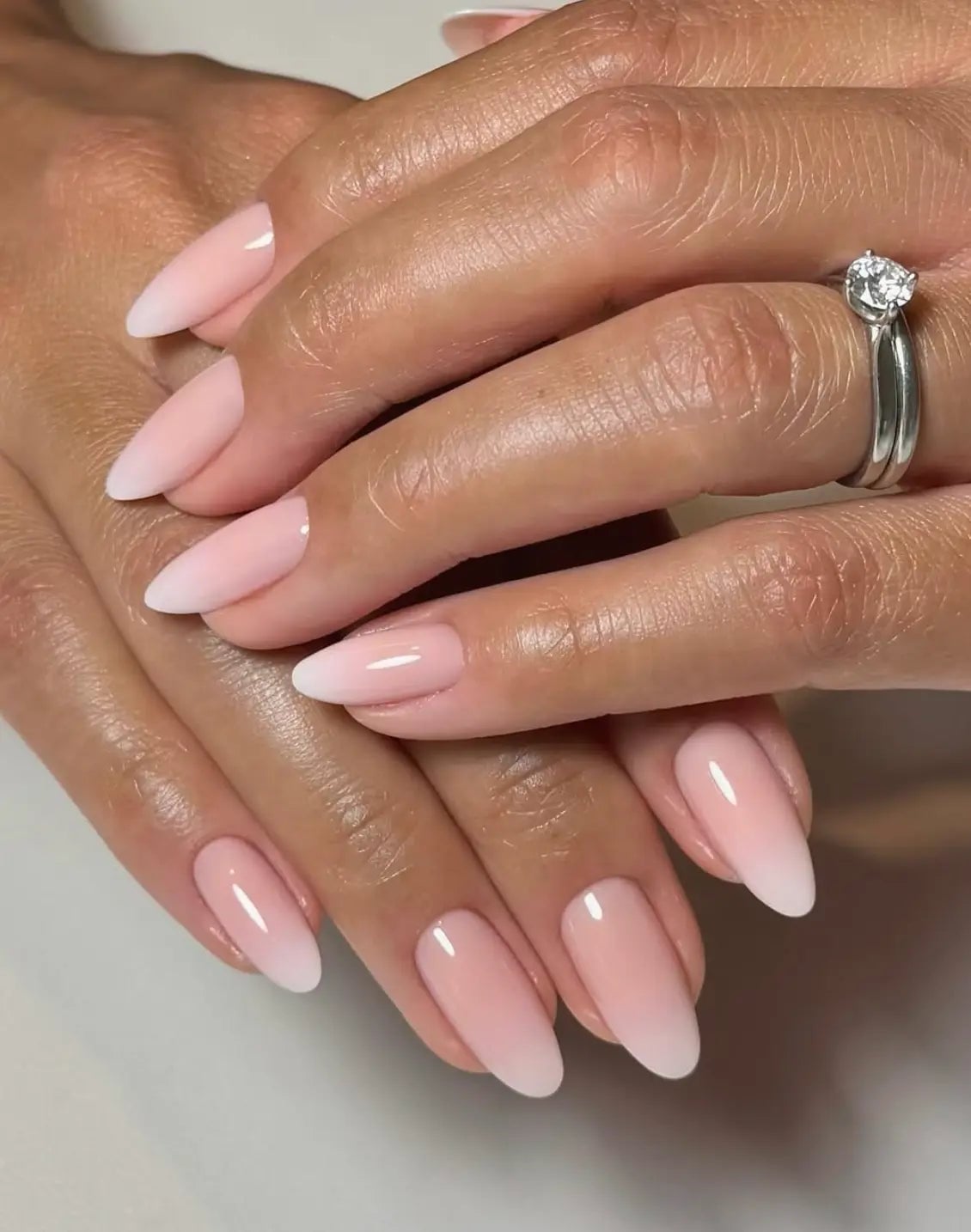 Milky Pink to White Ombre Glossy Almond Nails — Elegant Bridal Nails