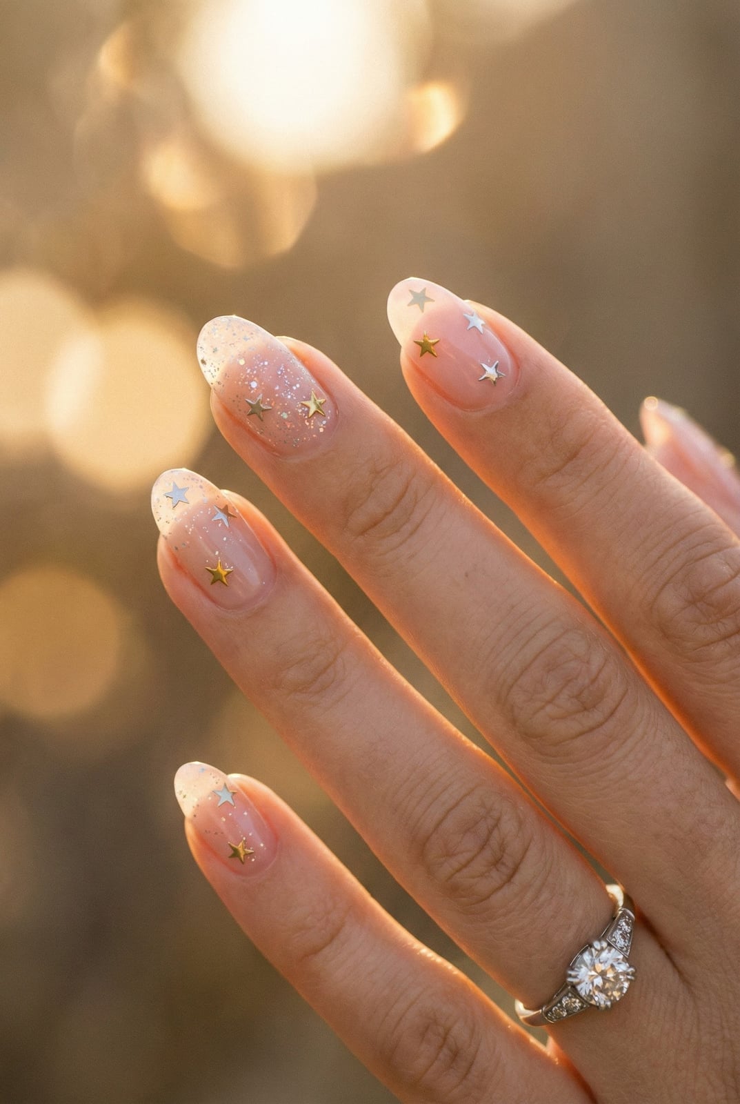 Short Oval Nude Glitter Star Decal Nails — Elegant Bridal Nails