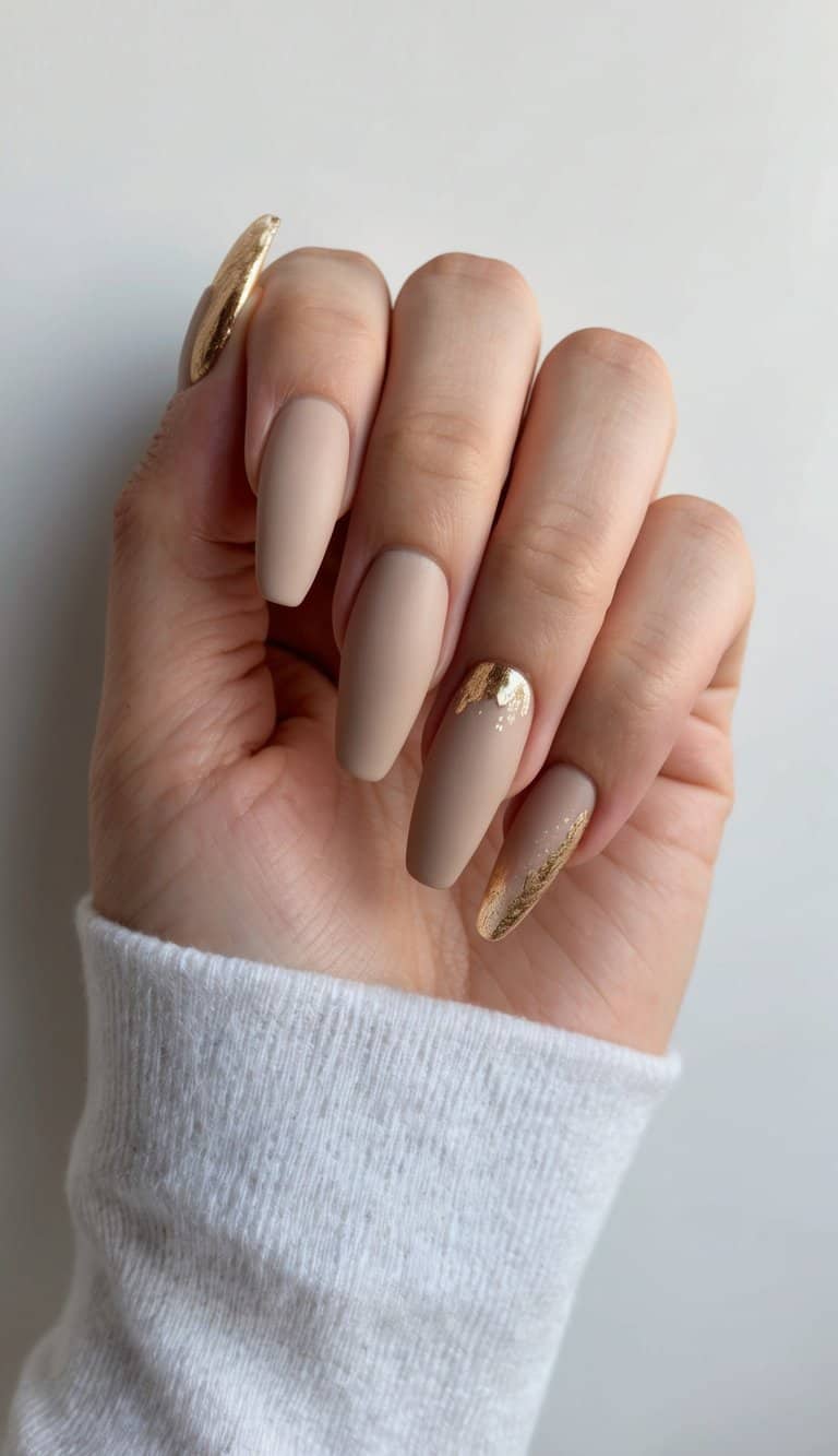 Long Almond Matte Beige Gold Foil Nails — Elegant Bridal Nails