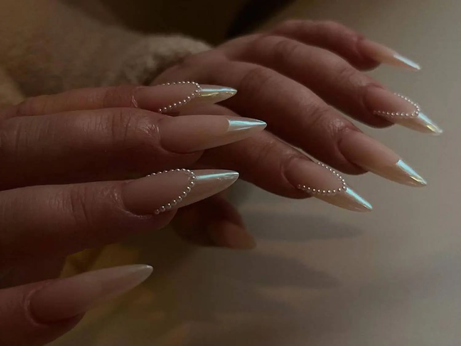 Long Almond Nude Pearl Bead Smile Line Nails — Elegant Bridal Nails