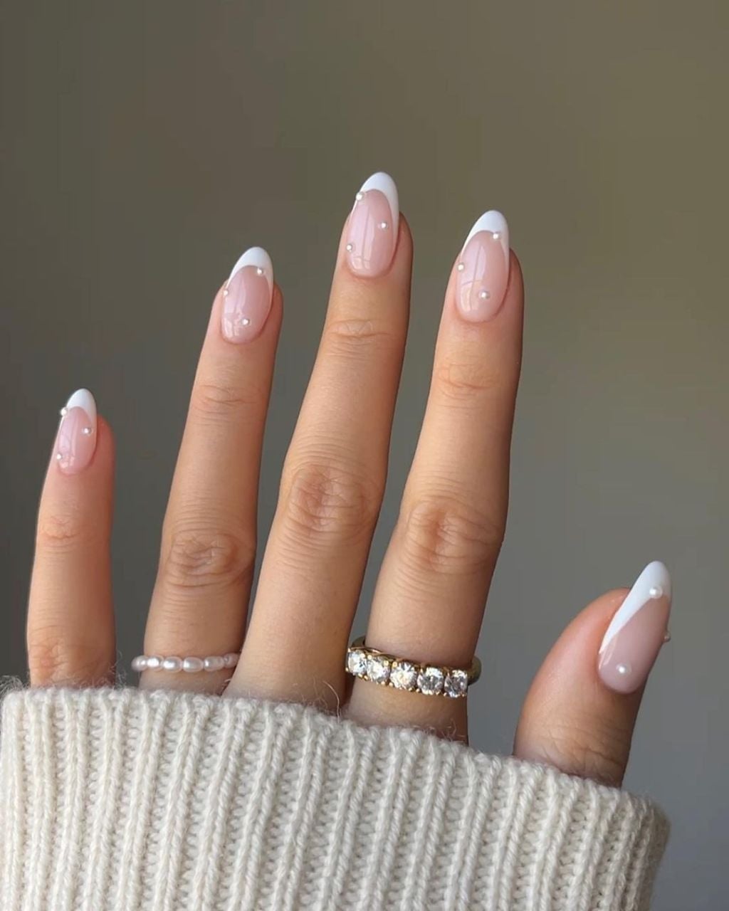 Medium Almond Pearl French Tip Nails — Elegant Bridal Nails
