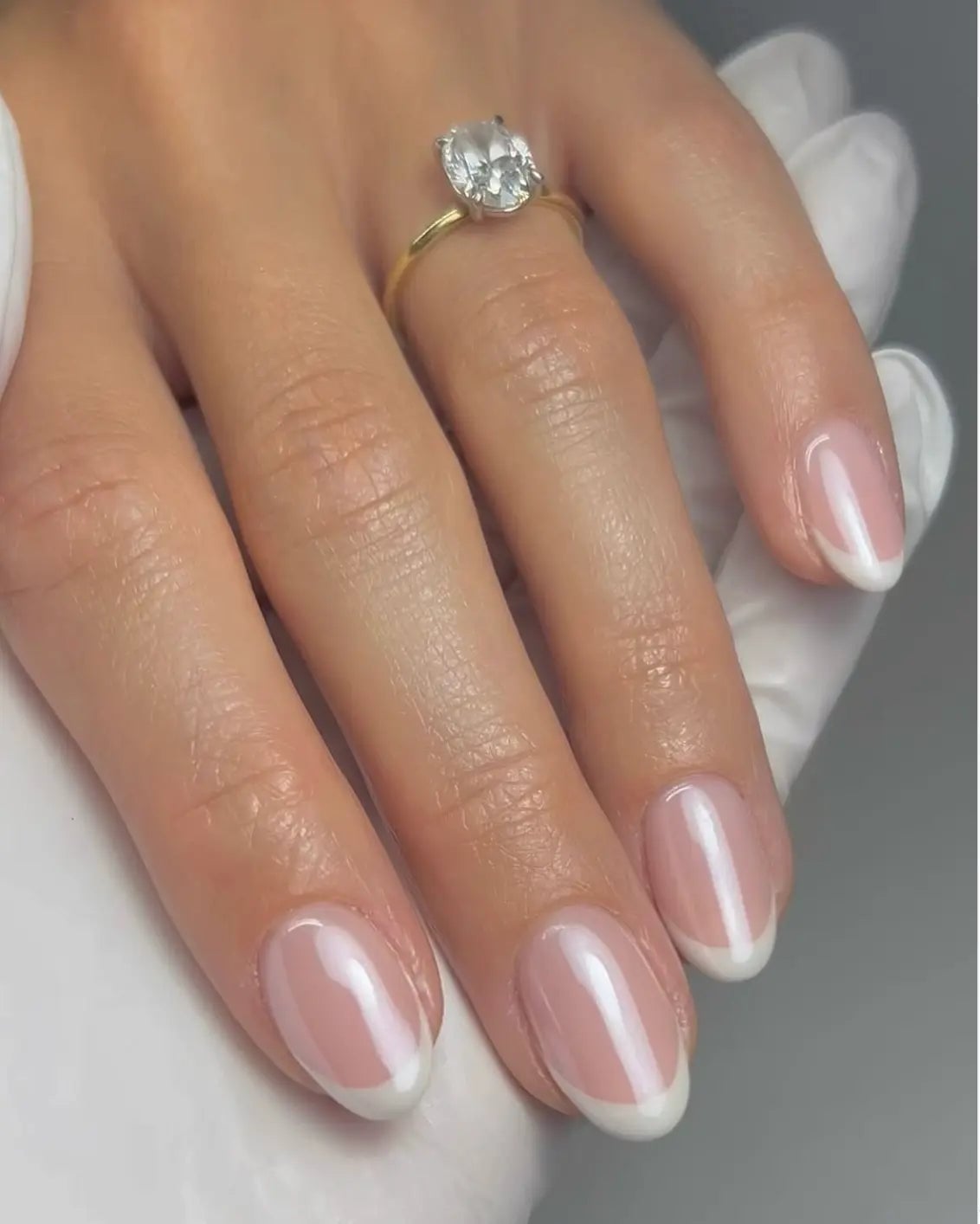 Pearlescent Nude Short Oval French Nails — Elegant Bridal Nails
