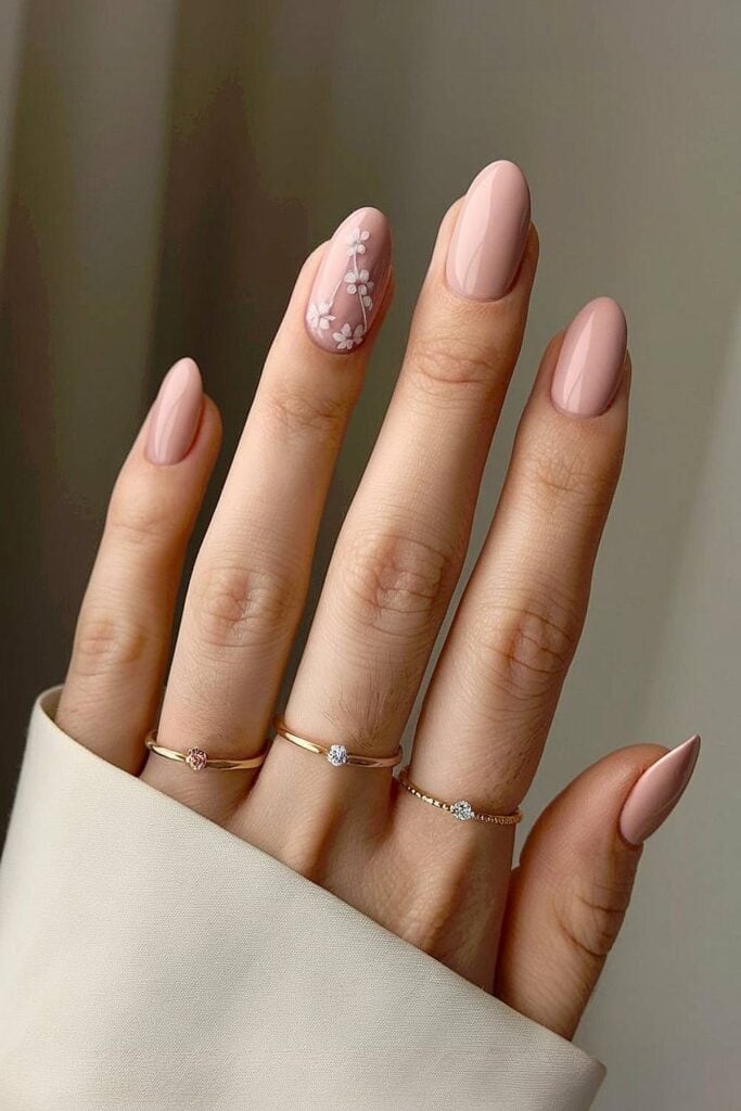 Pale Pink Floral Accent Glossy Almond Nails — Elegant Bridal Nails