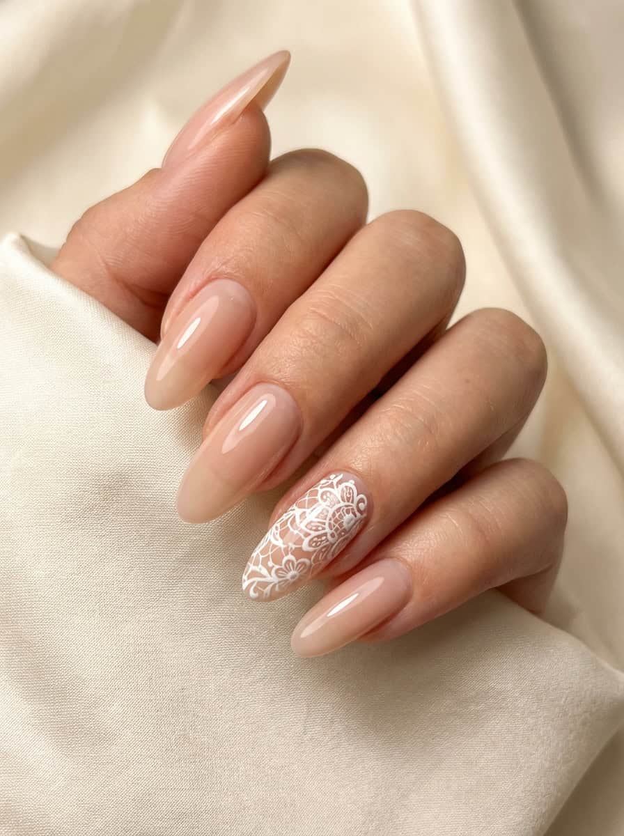 Sheer Nude Lace Art Glossy Almond Nails — Elegant Bridal Nails