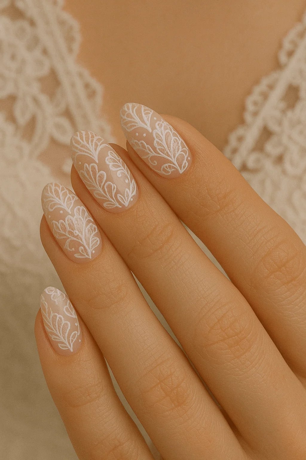 Nude Matte Oval Lace Pattern Nails — Elegant Bridal Nails