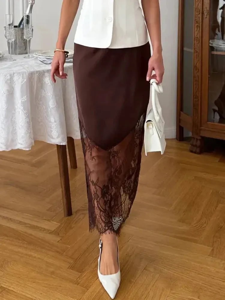 Brown Midi Skirt with Lace Trim and White Blazer — Elegant Brown Satin Skirt Outfit