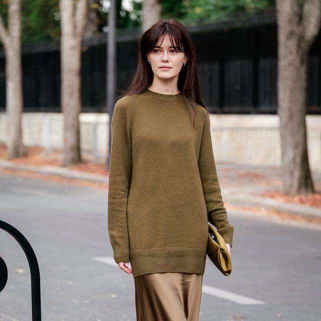 Bronze Silk Charmeuse Midi Skirt with Olive Green Sweater — Elegant Brown Satin Skirt Outfit