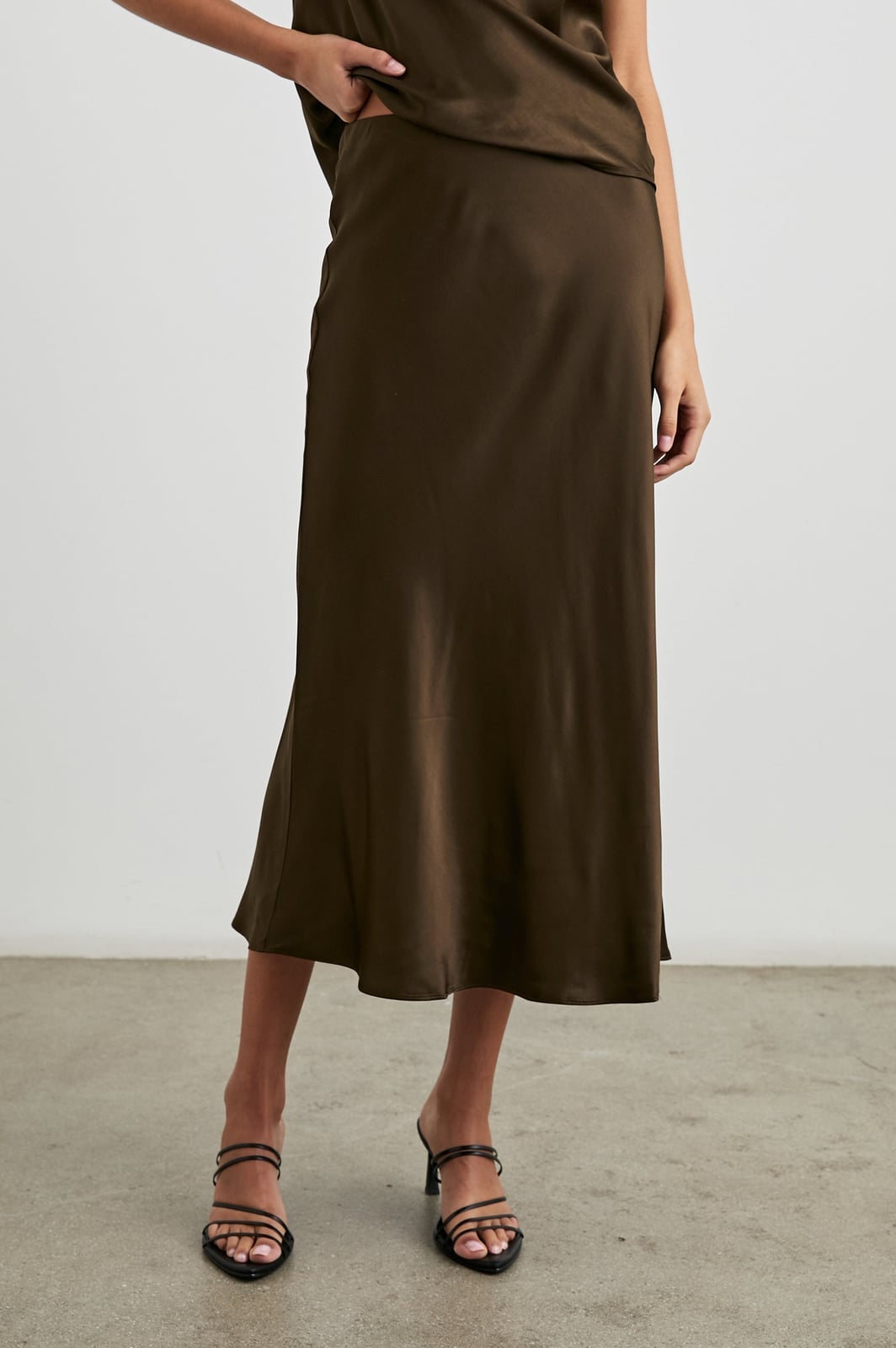 Dark Brown Satin A-line Midi Skirt with Tank Top — Elegant Brown Satin Skirt Outfit