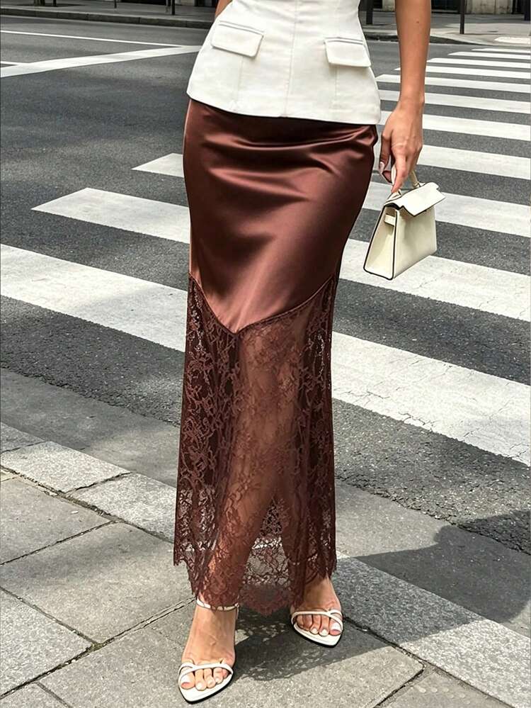 Chocolate Brown Satin Maxi Skirt with Lace Panel and Blazer — Elegant Brown Satin Skirt Outfit