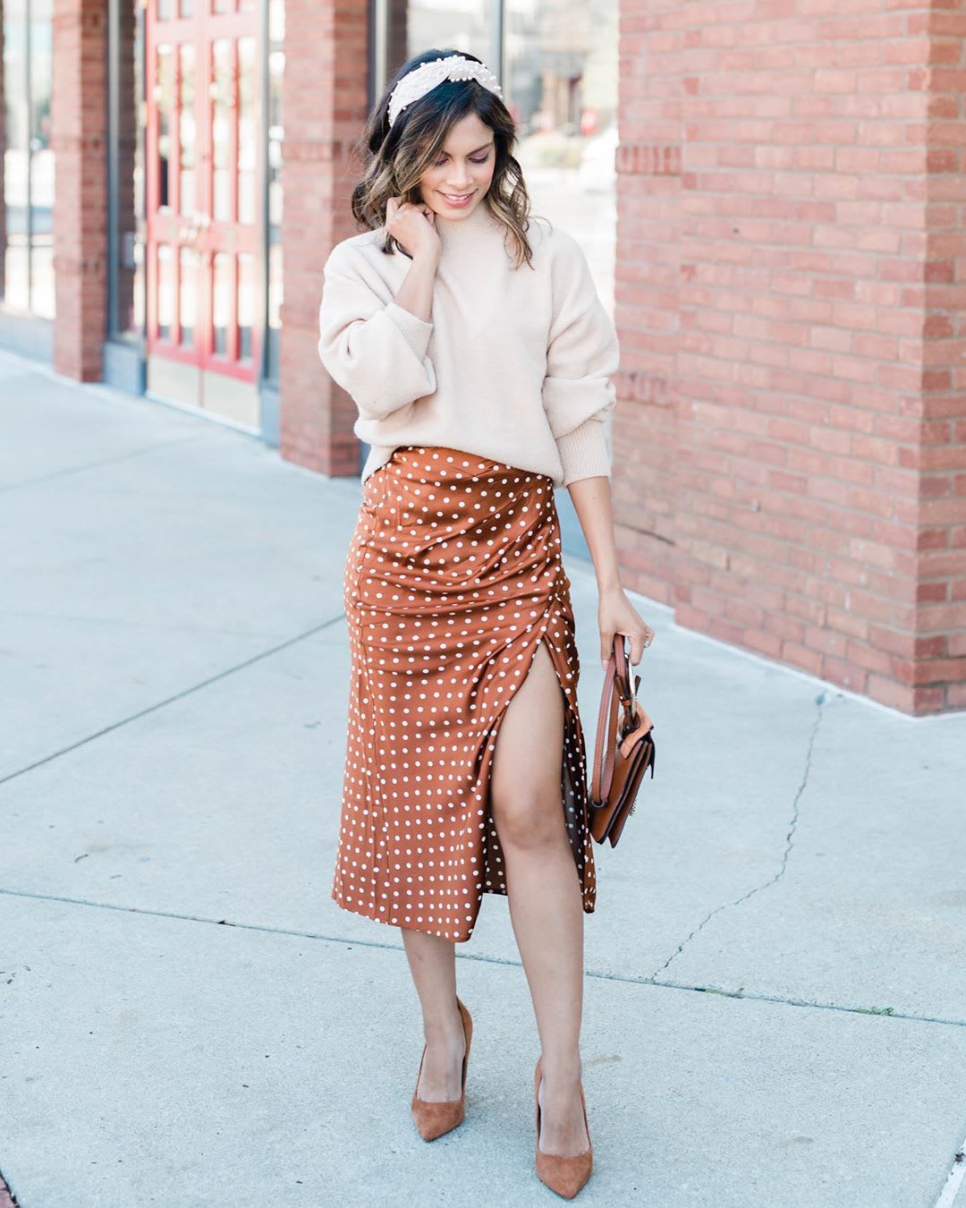 Brown Satin Polka Dot Midi Skirt with Beige Knit Sweater — Elegant Brown Satin Skirt Outfit