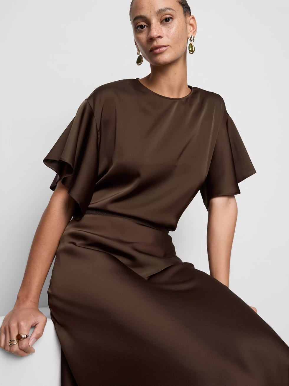Chocolate Brown Satin A-line Skirt with Matching Top — Elegant Brown Satin Skirt Outfit