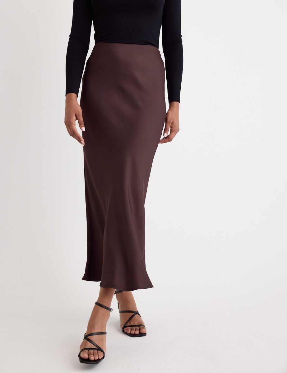 Chocolate Brown Satin A-line Midi Skirt with Black Knit Top — Elegant Brown Satin Skirt Outfit