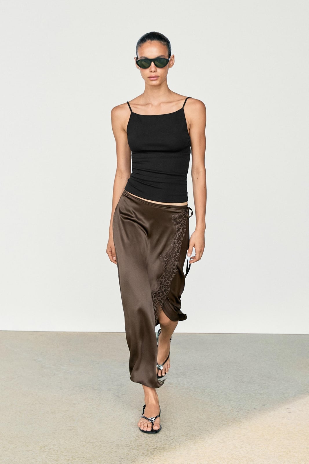 Brown Satin Midi Skirt with Lace Trim and Black Tank Top — Elegant Brown Satin Skirt Outfit