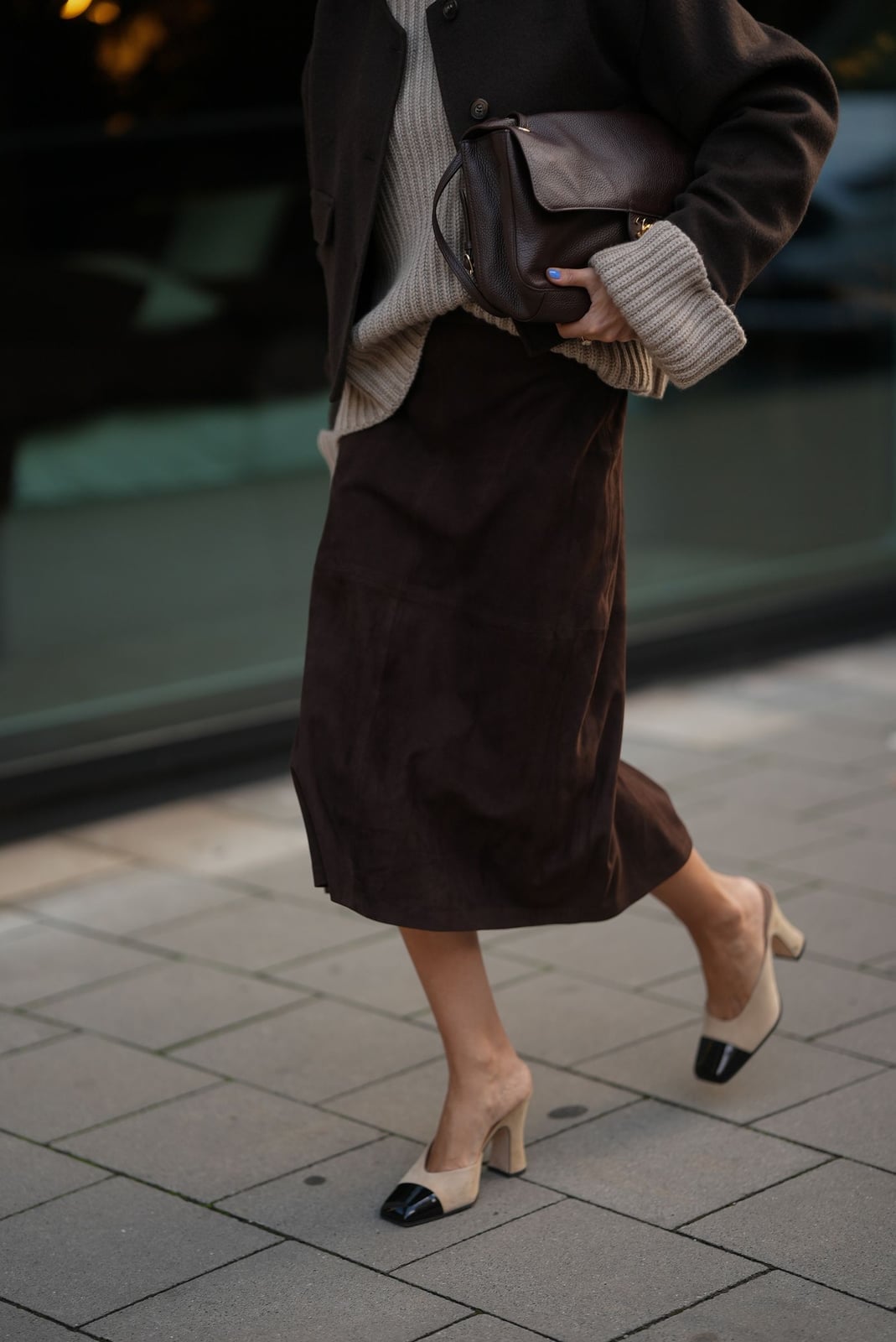 Chocolate Brown Suede Midi Skirt with Beige Knit Sweater and Blazer — Elegant Brown Satin Skirt Outfit