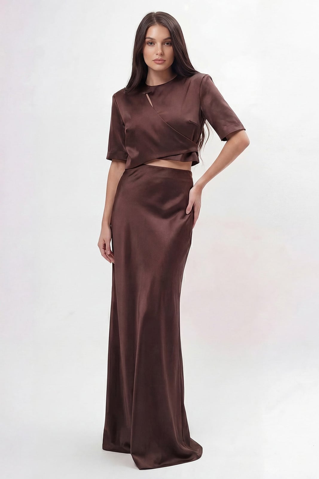 Brown Satin Maxi Skirt with Matching Satin Cropped Top — Elegant Brown Satin Skirt Outfit