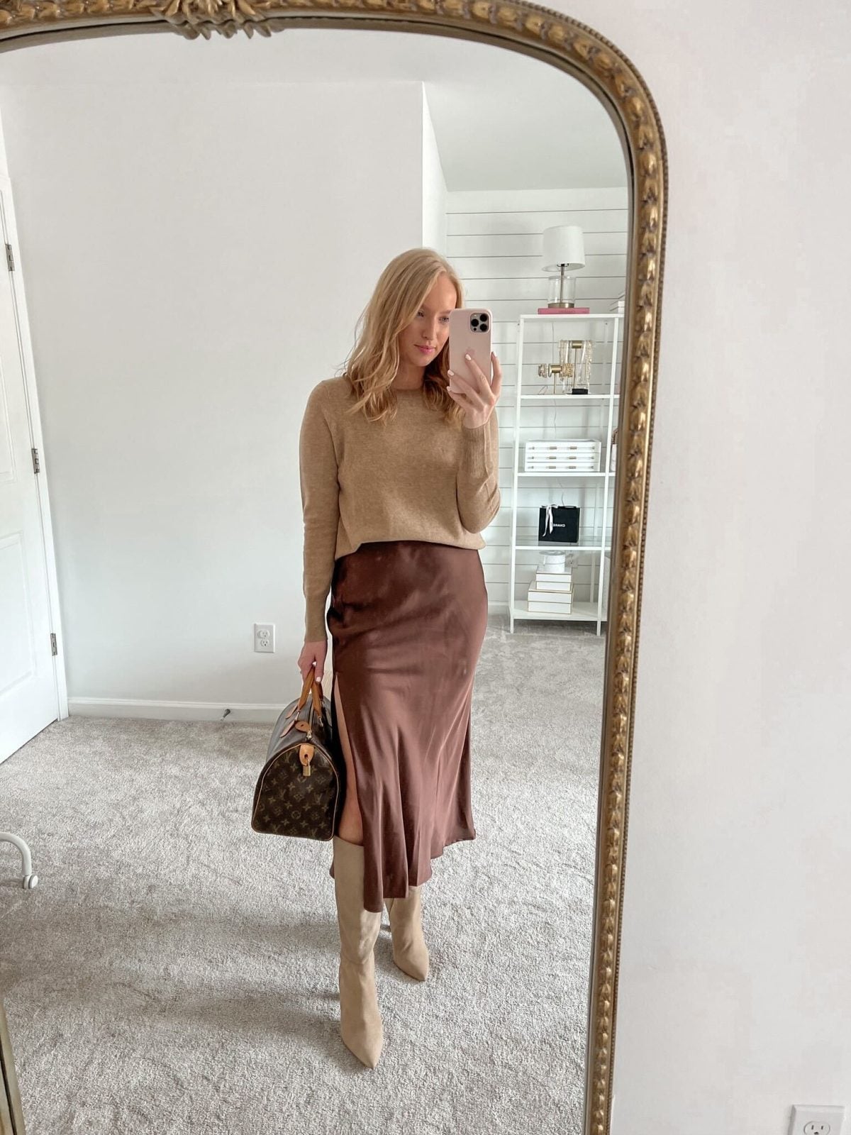 Brown Satin Midi Skirt with Thigh-High Slit and Tan Sweater — Elegant Brown Satin Skirt Outfit