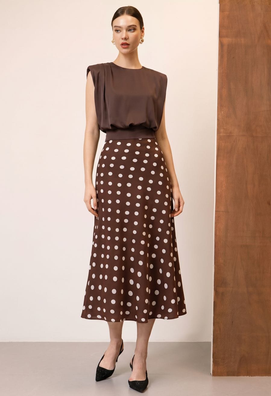 Brown Satin Polka Dot Midi Skirt with Padded Shoulder Top — Elegant Brown Satin Skirt Outfit