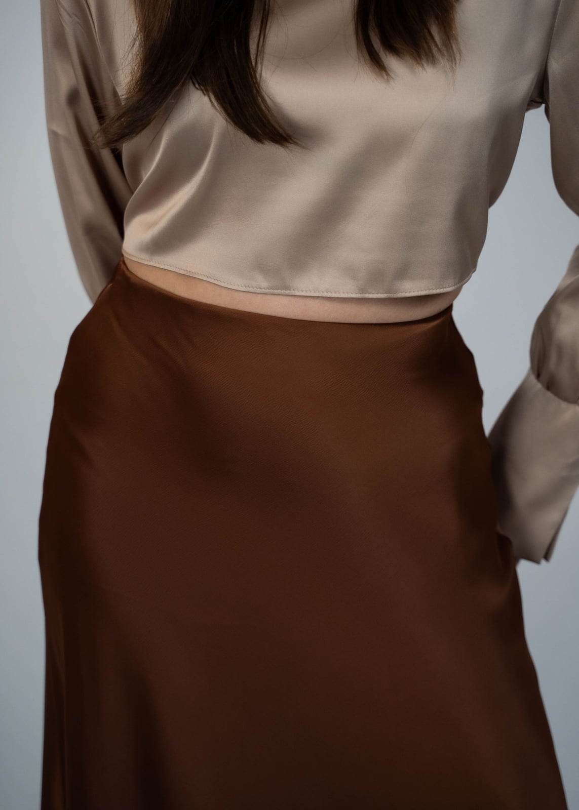 Brown Satin A-line Maxi Skirt with Satin Blouse — Elegant Brown Satin Skirt Outfit