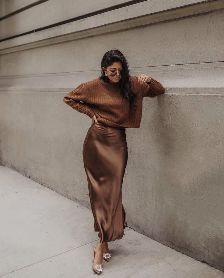 Bias-cut Satin Midi Skirt with Cropped Knit Sweater — Elegant Brown Satin Skirt Outfit