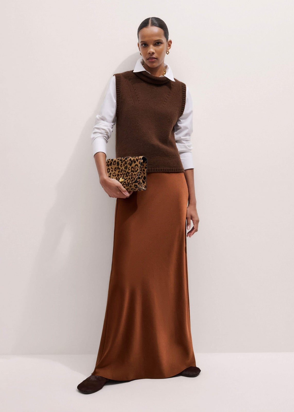 Brown Satin Maxi Skirt with Knit Vest and Collared Shirt — Elegant Brown Satin Skirt Outfit