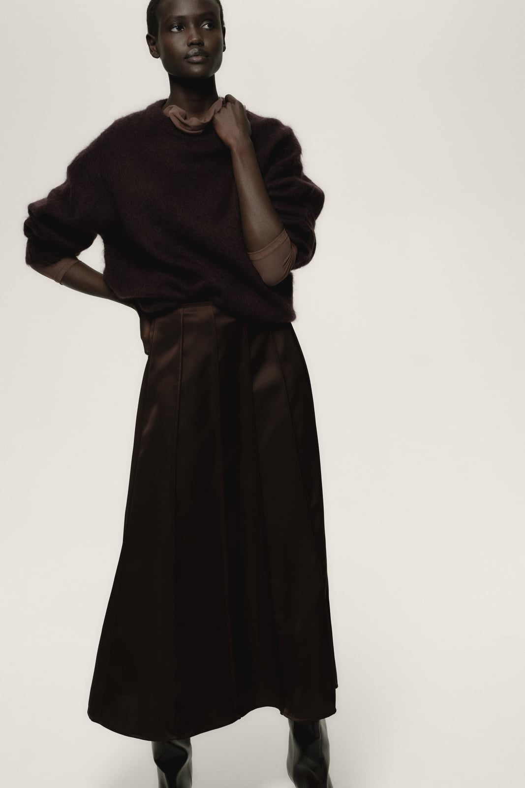 Monochromatic Dark Brown Satin Pleated Midi Skirt — Elegant Brown Satin Skirt Outfit