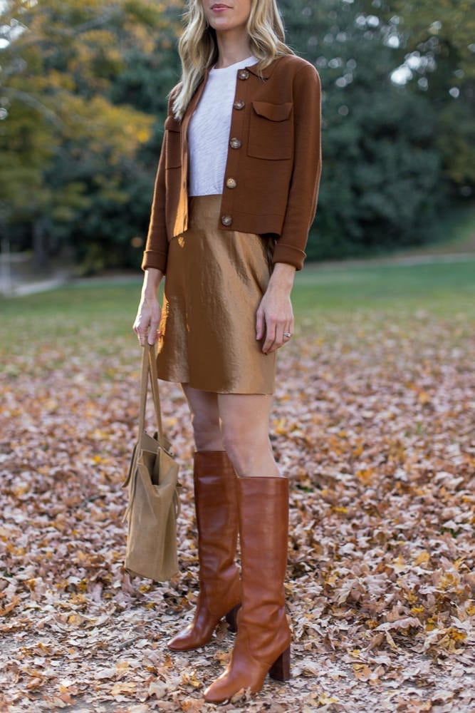 Metallic Sheen Mini Skirt with Brown Textured Jacket — Elegant Brown Satin Skirt Outfit