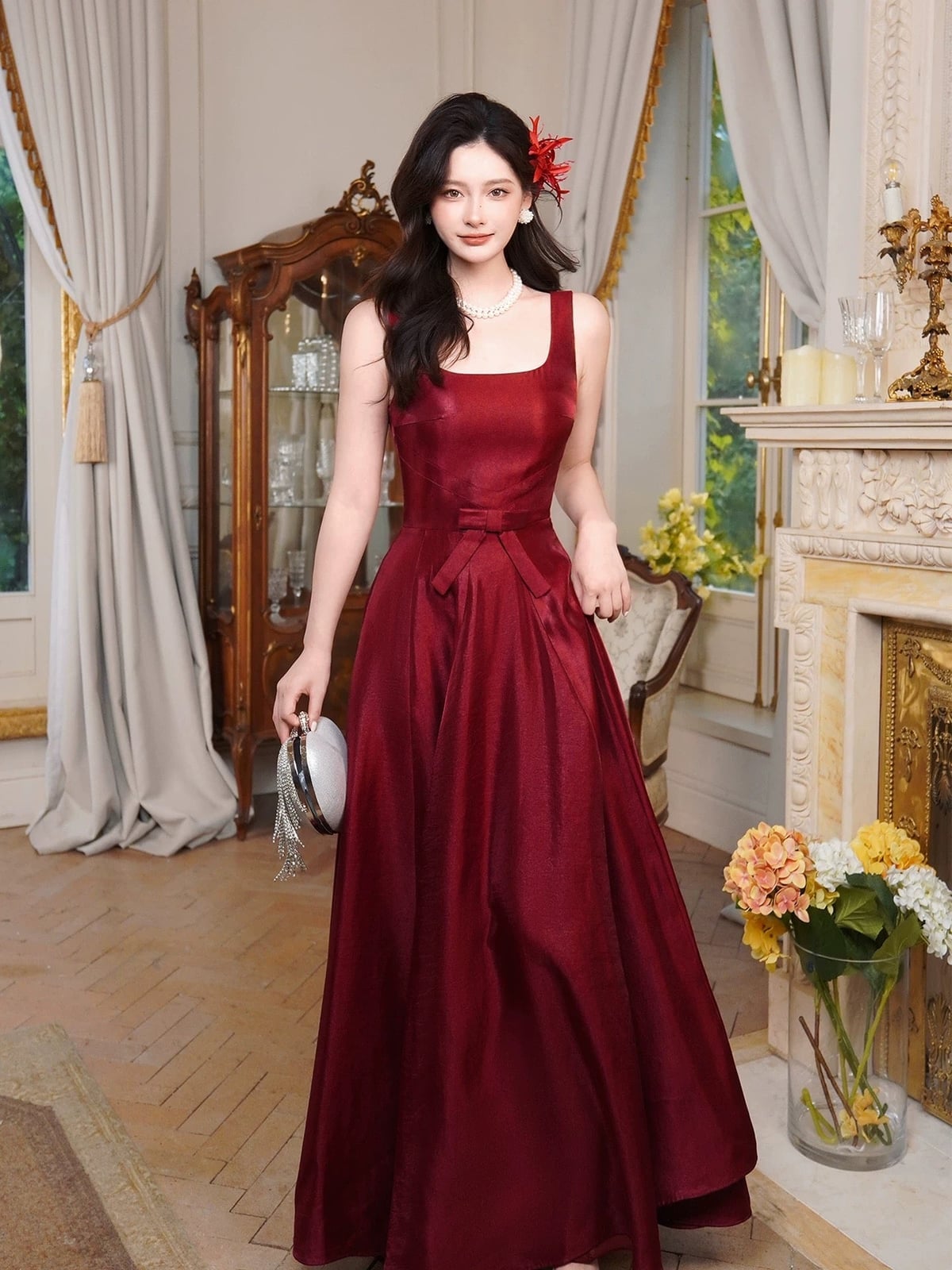 Burgundy Satin A-line Dress with Bow Detail Burgundy Satin A-line Dress with Bow Detail — Elegant Burgundy Dress Outfit