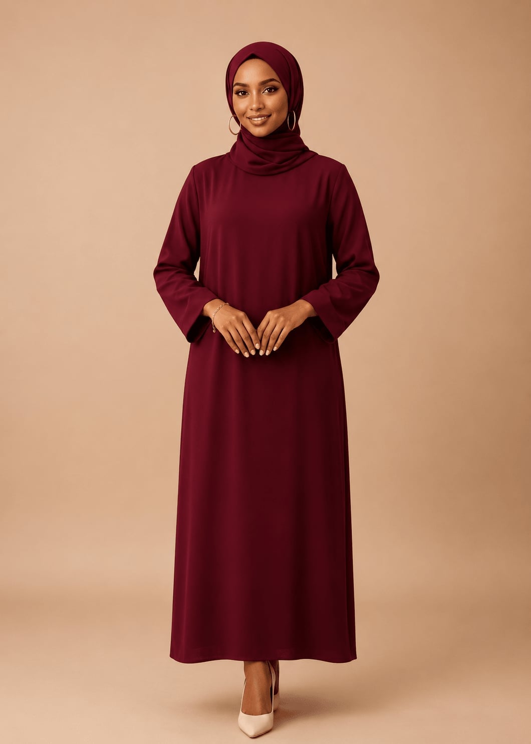 Burgundy Turtleneck Modest Dress and Headscarf Burgundy Turtleneck Modest Dress and Headscarf — Elegant Burgundy Dress Outfit