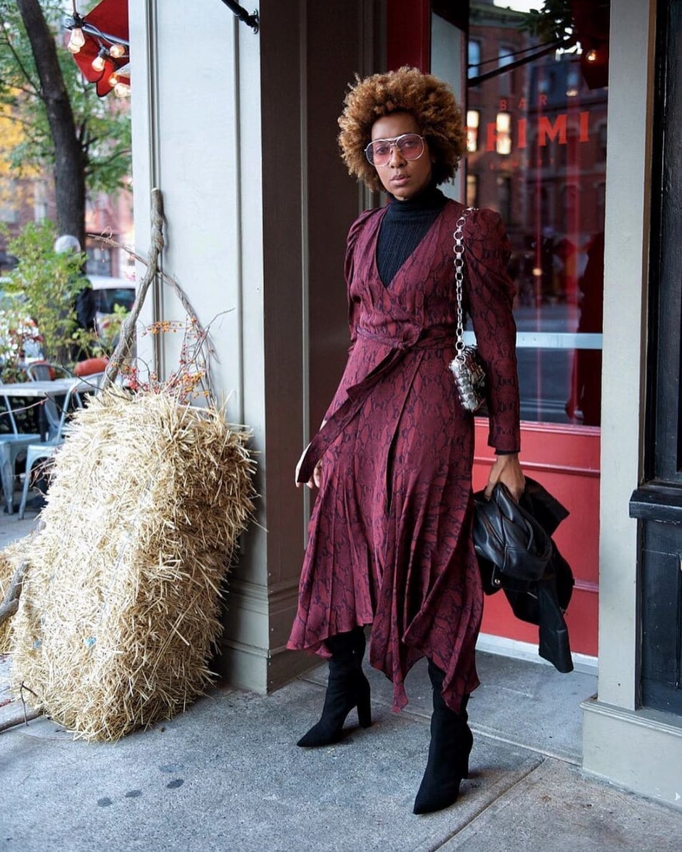 Burgundy Snake Print Wrap Dress with Turtleneck Burgundy Snake Print Wrap Dress with Turtleneck — Elegant Burgundy Dress Outfit