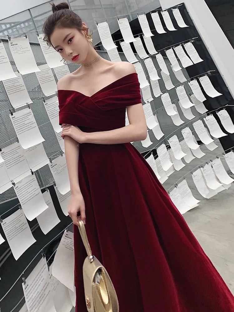 Burgundy Velvet Off-the-Shoulder Party Dress Burgundy Velvet Off-the-Shoulder Party Dress — Elegant Burgundy Dress Outfit