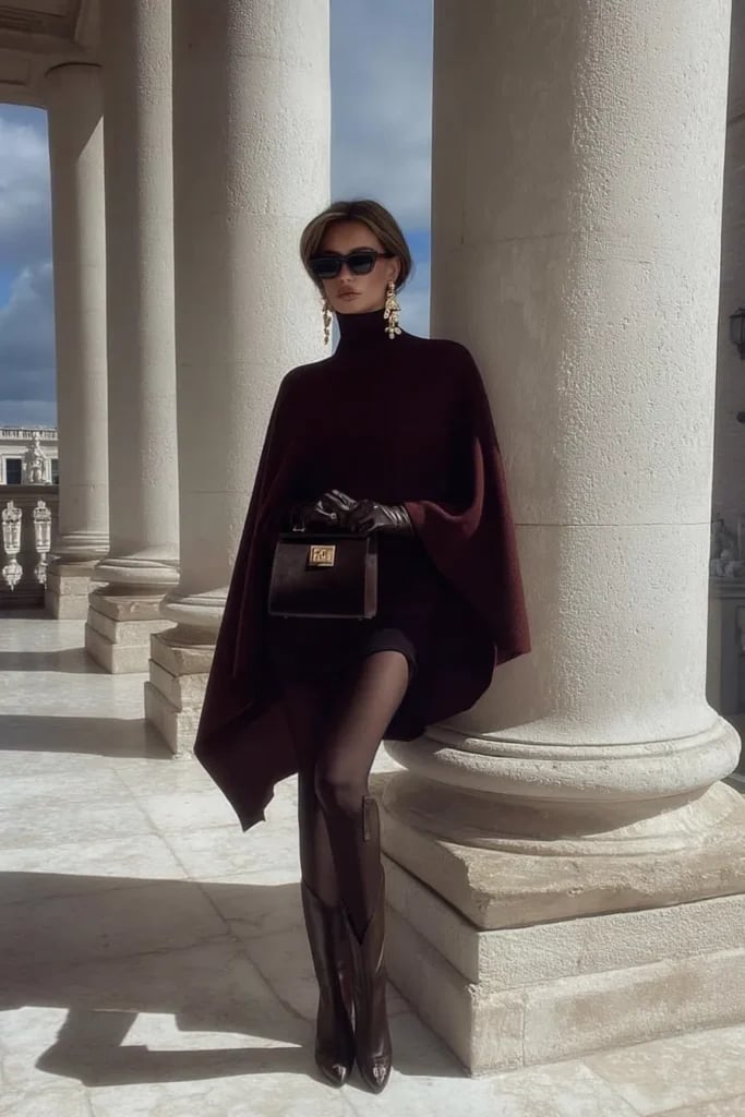 Burgundy Turtleneck Dress and Cape Ensemble With Pointed Toe Boots Burgundy Turtleneck Dress and Cape Ensemble With Pointed Toe Boots — Elegant Burgundy Dress Outfit