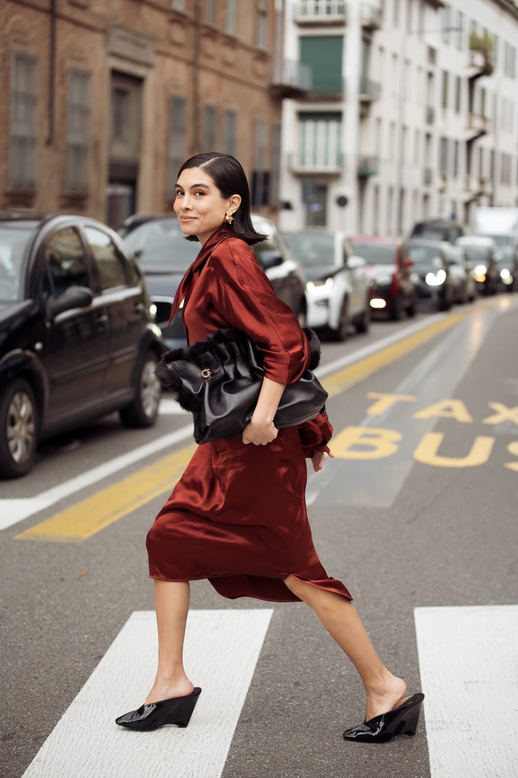 Burgundy Satin Oversized Blazer and Midi Skirt Burgundy Satin Oversized Blazer and Midi Skirt — Elegant Burgundy Dress Outfit