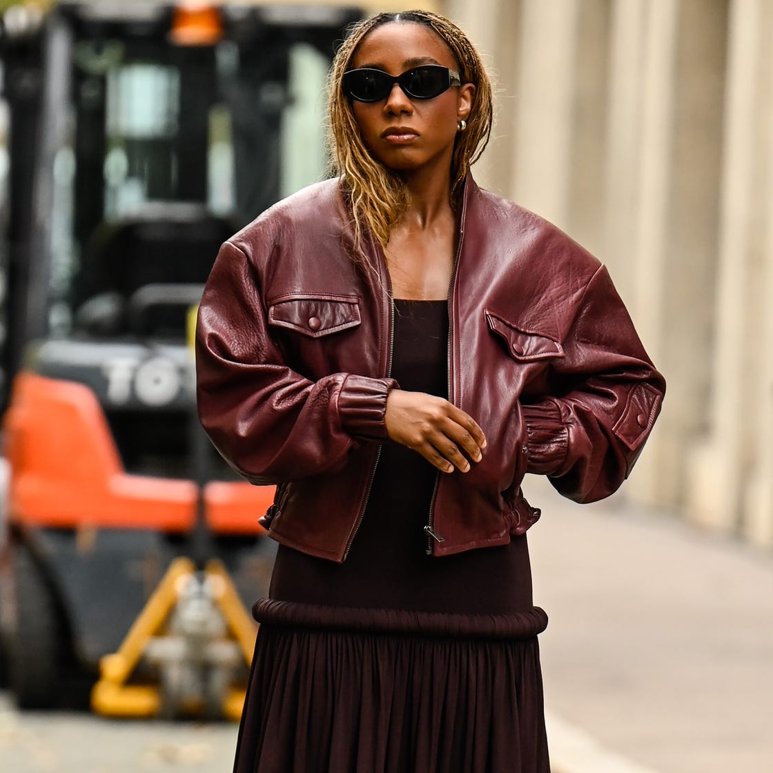 Burgundy Dress with Cropped Leather Jacket Burgundy Dress with Cropped Leather Jacket — Elegant Burgundy Dress Outfit