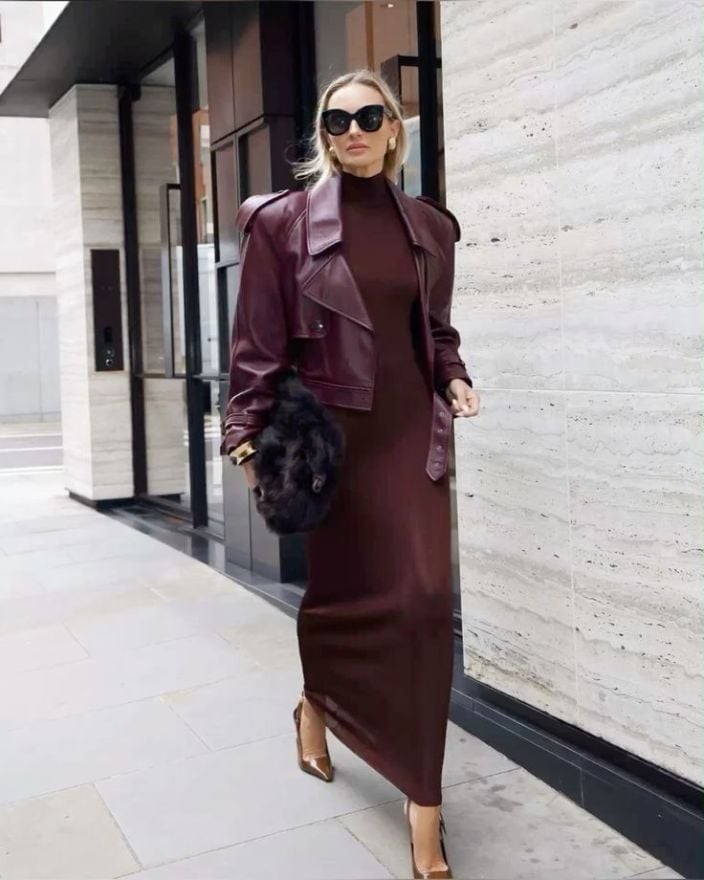 Burgundy Knit Dress with Leather Moto Jacket and Pointed Toe Pumps Burgundy Knit Dress with Leather Moto Jacket and Pointed Toe Pumps — Elegant Burgundy Dress Outfit