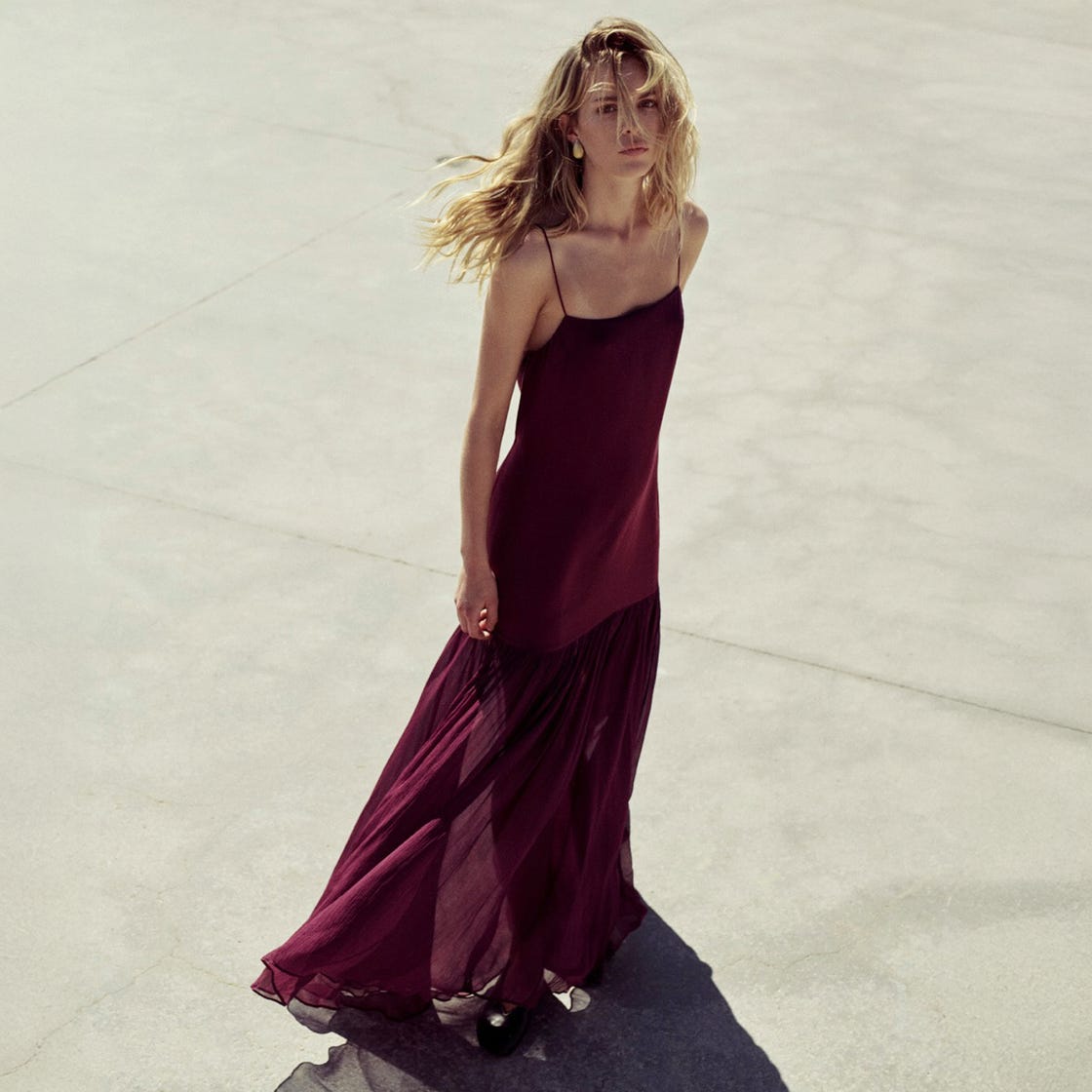 Burgundy Chiffon Slip Dress with Tiered Skirt Burgundy Chiffon Slip Dress with Tiered Skirt — Elegant Burgundy Dress Outfit